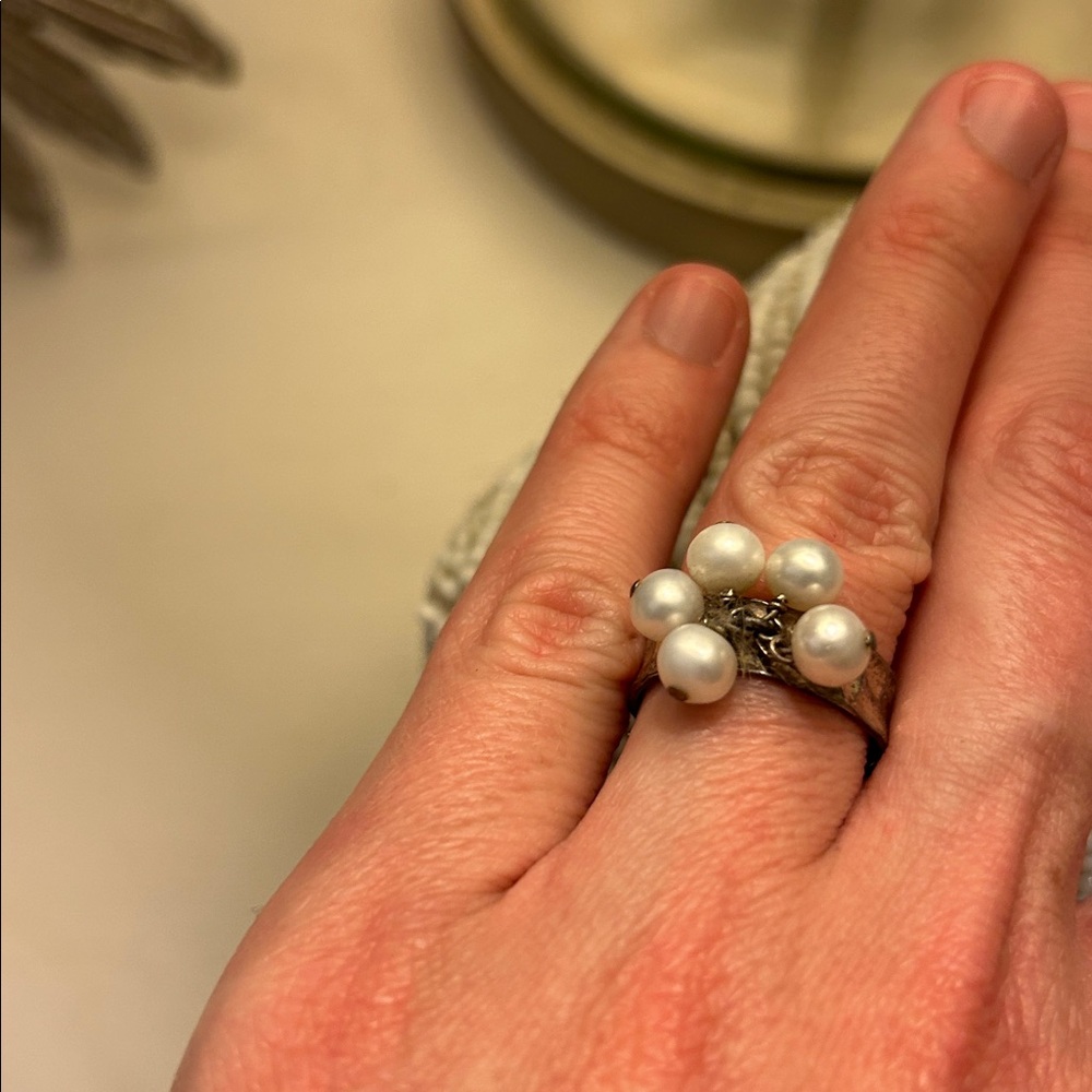 Stamped Silver Adjustable Pearl Cluster Ring